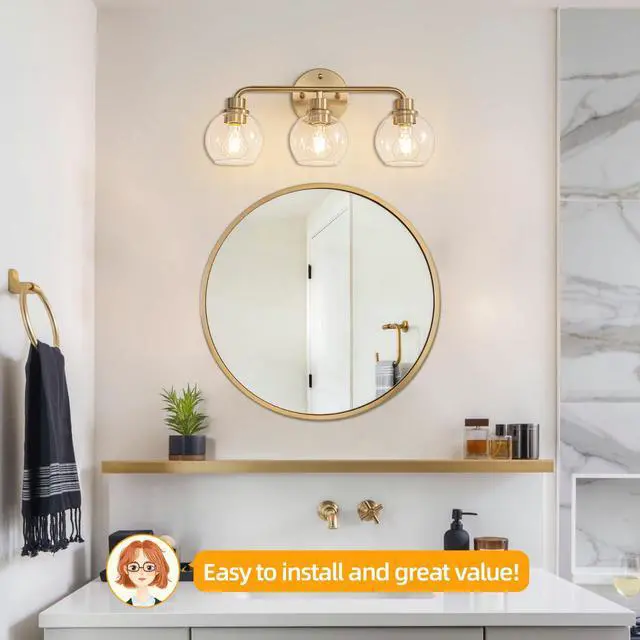 Alt view image 7 of 7 - Bathroom Light Fixtures Gold Vanity Light 3 Light Brushed Brass | Wall Sconces Lighting with Clear Globe Glass Shades Bath Wall Lamp for Mirror Kitchen Living Room Bedroom Hallway