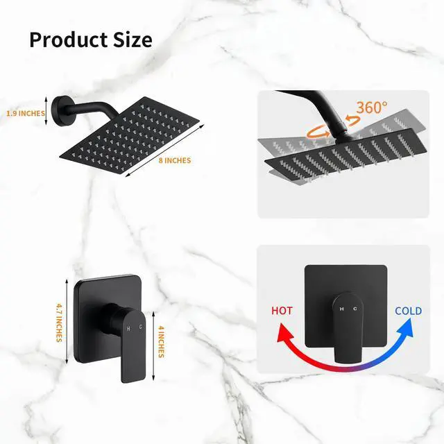 Alt view image 3 of 7 - Black Shower Faucet Single Function Trim Kit with Rough-in Valve Set Bath Rainfall Shower System 8inch Square Stainless Steel Metal Shower Head