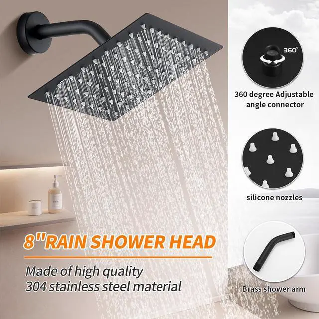 Alt view image 4 of 7 - Black Shower Faucet Single Function Trim Kit with Rough-in Valve Set Bath Rainfall Shower System 8inch Square Stainless Steel Metal Shower Head