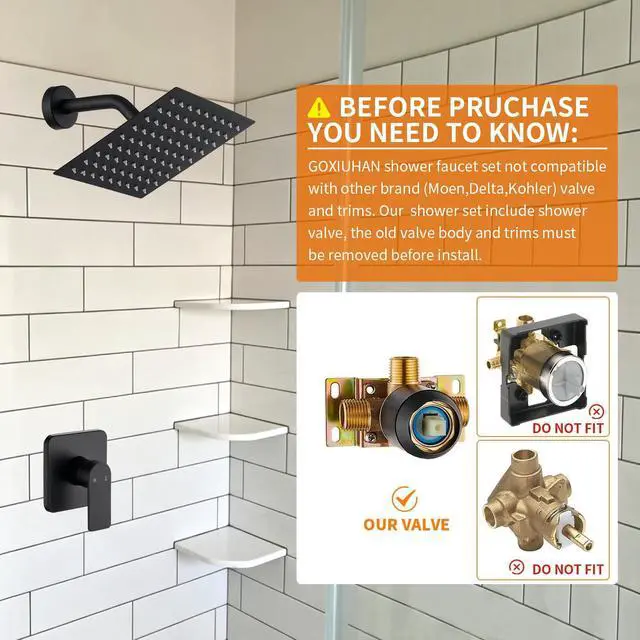 Alt view image 2 of 7 - Black Shower Faucet Single Function Trim Kit with Rough-in Valve Set Bath Rainfall Shower System 8inch Square Stainless Steel Metal Shower Head
