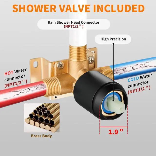 Alt view image 6 of 7 - Black Shower Faucet Single Function Trim Kit with Rough-in Valve Set Bath Rainfall Shower System 8inch Square Stainless Steel Metal Shower Head