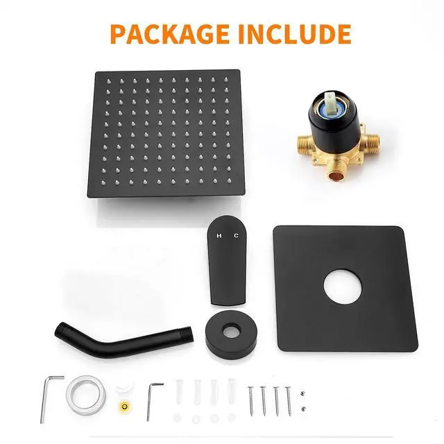 Alt view image 7 of 7 - Black Shower Faucet Single Function Trim Kit with Rough-in Valve Set Bath Rainfall Shower System 8inch Square Stainless Steel Metal Shower Head