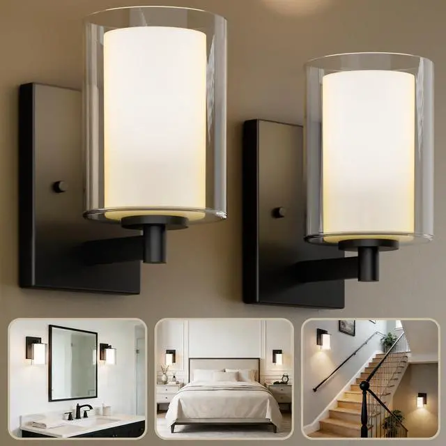 Main image of Wall Sconces Set of Two, Modern Matte Black Vanity Wall Lights | Double Clear Glass Shades With E26 Base, Farmhouse Wall Lights For Bathroom, Bedroom, Living Room, Mirror And Hallway