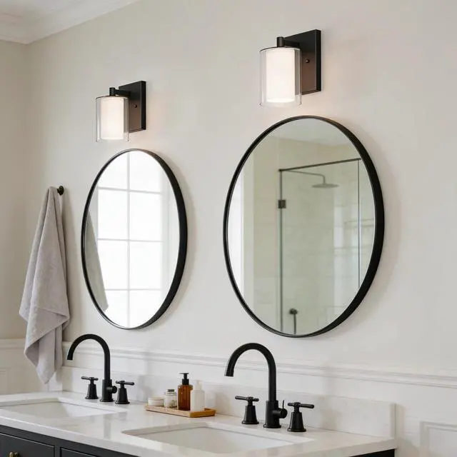 Alt view image 2 of 7 - Wall Sconces Set of Two, Modern Matte Black Vanity Wall Lights | Double Clear Glass Shades With E26 Base, Farmhouse Wall Lights For Bathroom, Bedroom, Living Room, Mirror And Hallway