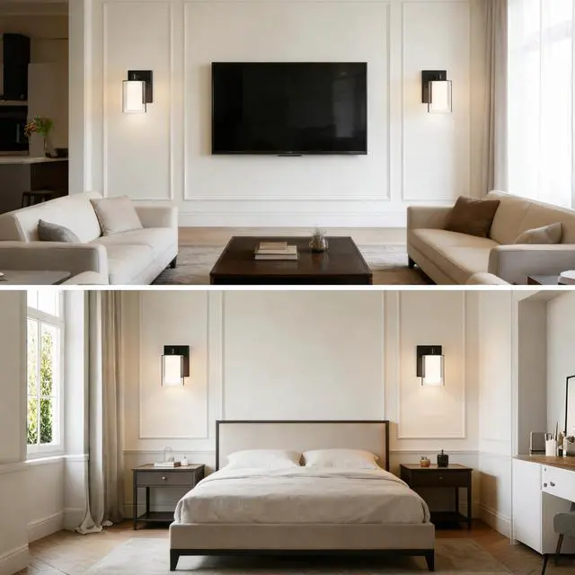 Alt view image 4 of 7 - Wall Sconces Set of Two, Modern Matte Black Vanity Wall Lights | Double Clear Glass Shades With E26 Base, Farmhouse Wall Lights For Bathroom, Bedroom, Living Room, Mirror And Hallway