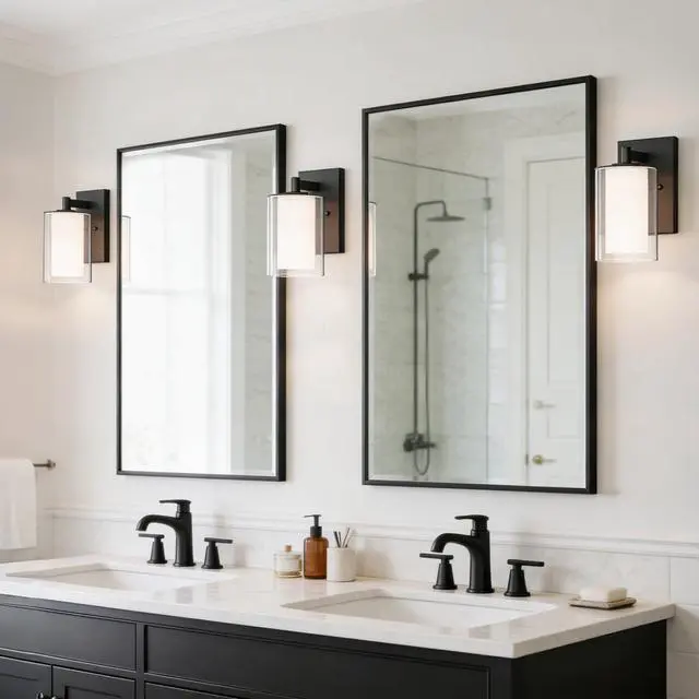 Alt view image 7 of 7 - Wall Sconces Set of Two, Modern Matte Black Vanity Wall Lights | Double Clear Glass Shades With E26 Base, Farmhouse Wall Lights For Bathroom, Bedroom, Living Room, Mirror And Hallway
