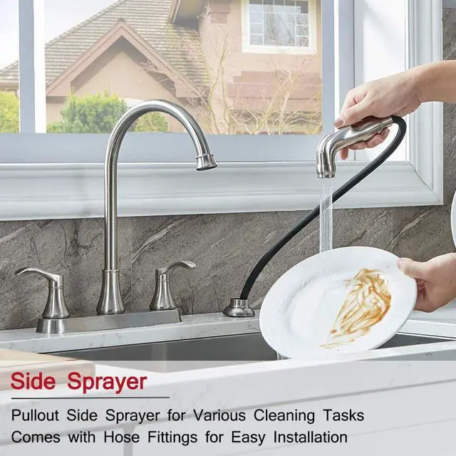 Alt view image 3 of 7 - 3 Hole or 4 Hole Two Handle Kitchen Faucet with Side Sprayer, Commercial Lead-Free Brushed Nickel Kitchen Sink Faucets for Rv Sinks with High-Arc Spout & Side Sprayer, VADR0004L