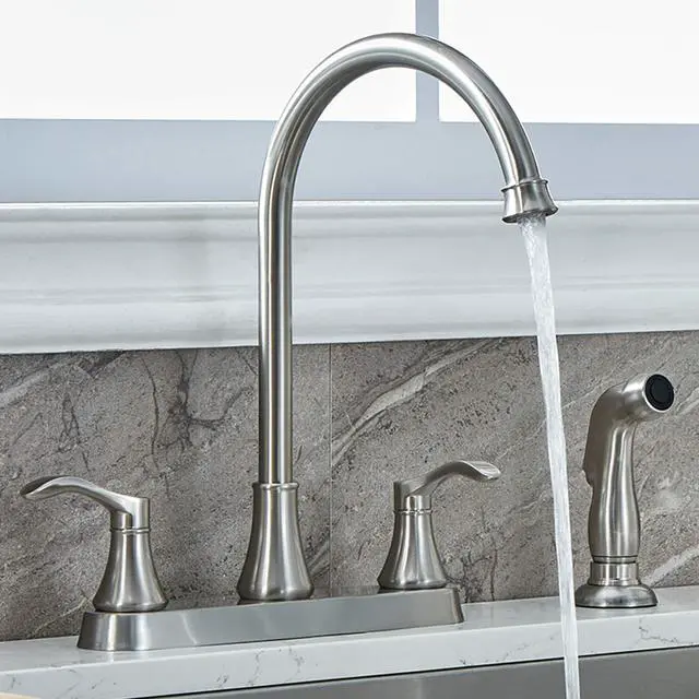 Main image of 3 Hole or 4 Hole Two Handle Kitchen Faucet with Side Sprayer, Commercial Lead-Free Brushed Nickel Kitchen Sink Faucets for Rv Sinks with High-Arc Spout & Side Sprayer, VADR0004L
