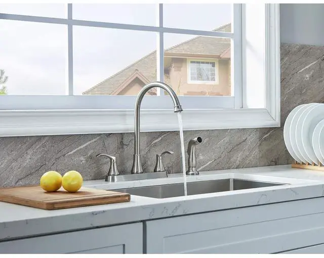 Alt view image 2 of 7 - 3 Hole or 4 Hole Two Handle Kitchen Faucet with Side Sprayer, Commercial Lead-Free Brushed Nickel Kitchen Sink Faucets for Rv Sinks with High-Arc Spout & Side Sprayer, VADR0004L