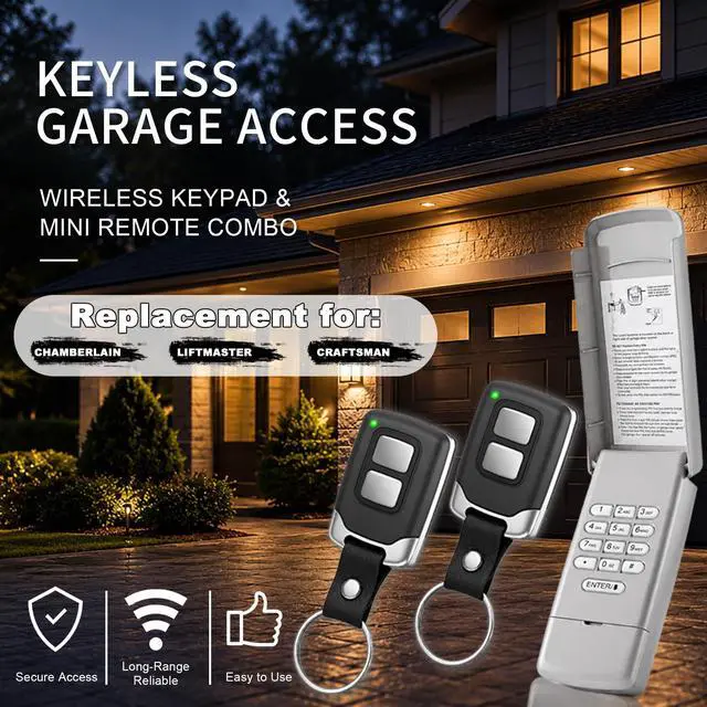 Alt view image 2 of 7 - 3-in-1 Garage Door Keypad & 2 Remotes for LiftMaster Chamberlain Craftsman | 2 keychain remotes, easy setup, replace 877MAX,878MAX,893MAX,893LM, fit Yellow/Purple/Red/Orange/Green Learn Button openers