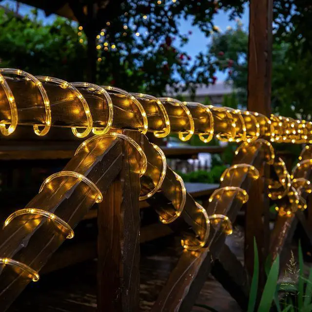 Alt view image 2 of 7 - Solar Rope Lights, 66ft 200LED Solar String Lights, 8 Modes, Waterproof | Solar Outdoor Light, Flexible Clear Trampoline Light for Garden Backyard Patio Deck Porch Pool Tree Decorations - Warm White