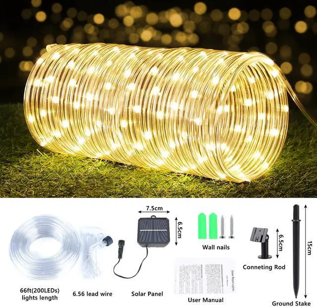 Alt view image 4 of 7 - Solar Rope Lights, 66ft 200LED Solar String Lights, 8 Modes, Waterproof | Solar Outdoor Light, Flexible Clear Trampoline Light for Garden Backyard Patio Deck Porch Pool Tree Decorations - Warm White