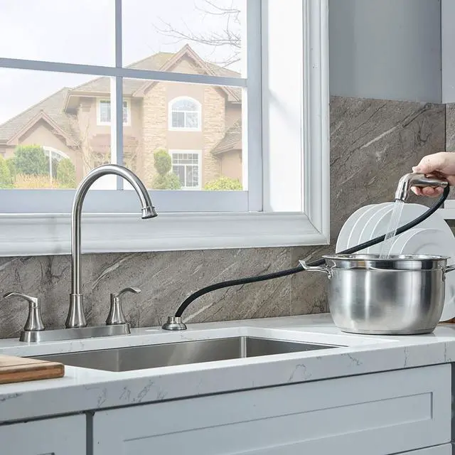 Alt view image 4 of 7 - 3 Hole or 4 Hole Two Handle Kitchen Faucet with Side Sprayer, Commercial Lead-Free Brushed Nickel Kitchen Sink Faucets for Rv Sinks with High-Arc Spout & Side Sprayer, VADR0004L
