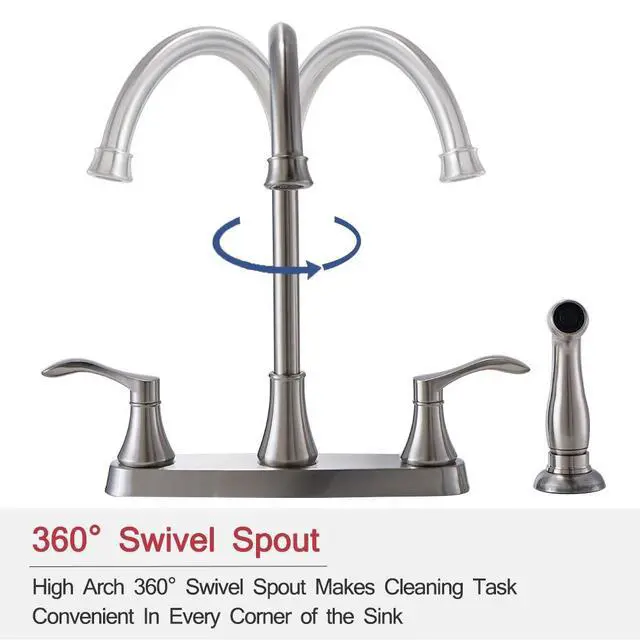 Alt view image 6 of 7 - 3 Hole or 4 Hole Two Handle Kitchen Faucet with Side Sprayer, Commercial Lead-Free Brushed Nickel Kitchen Sink Faucets for Rv Sinks with High-Arc Spout & Side Sprayer, VADR0004L
