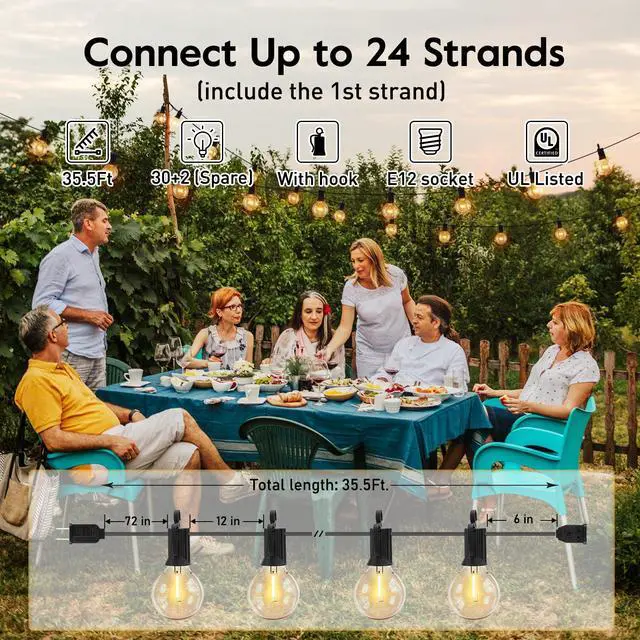 Alt view image 2 of 6 - Outdoor String Lights, 35FT with 30 Bulbs, Waterproof Connectable | Patio Lights with Shatterproof G40 Replaceable Bulbs, Plug-In Outside Hanging Light for Backyard Bistro Porch Party Decor