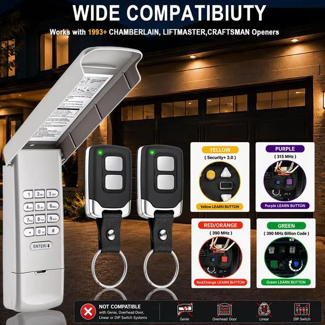 Alt view image 3 of 7 - 3-in-1 Garage Door Keypad & 2 Remotes for LiftMaster Chamberlain Craftsman | 2 keychain remotes, easy setup, replace 877MAX,878MAX,893MAX,893LM, fit Yellow/Purple/Red/Orange/Green Learn Button openers