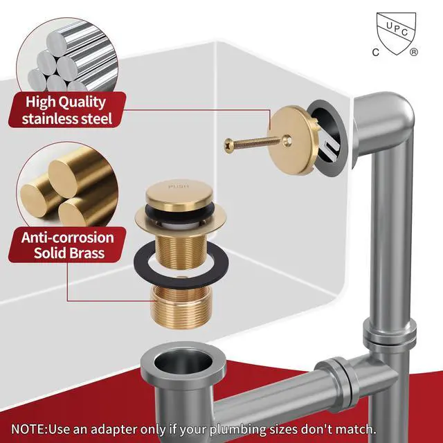 Alt view image 5 of 7 - Tip-Toe Tub Drain Trim Kit with One Hole Overflow Faceplate Conversion Kit Assembly Universal Fine Coarse Thread Replacement Brushed Gold