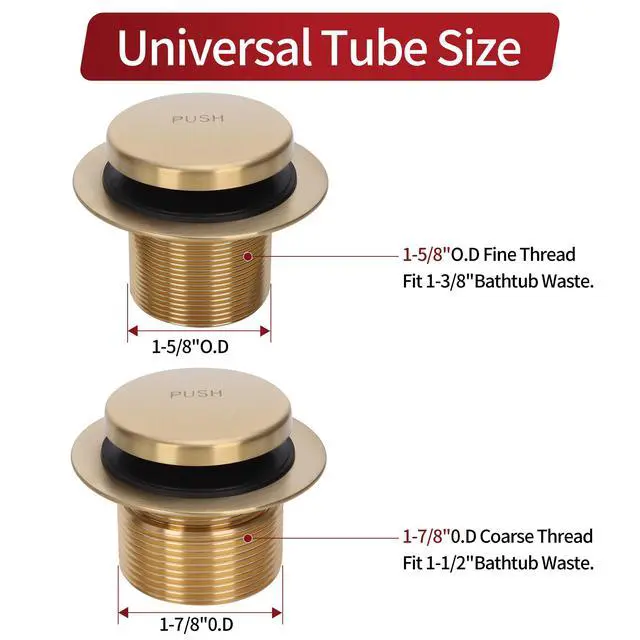 Alt view image 6 of 7 - Tip-Toe Tub Drain Trim Kit with One Hole Overflow Faceplate Conversion Kit Assembly Universal Fine Coarse Thread Replacement Brushed Gold