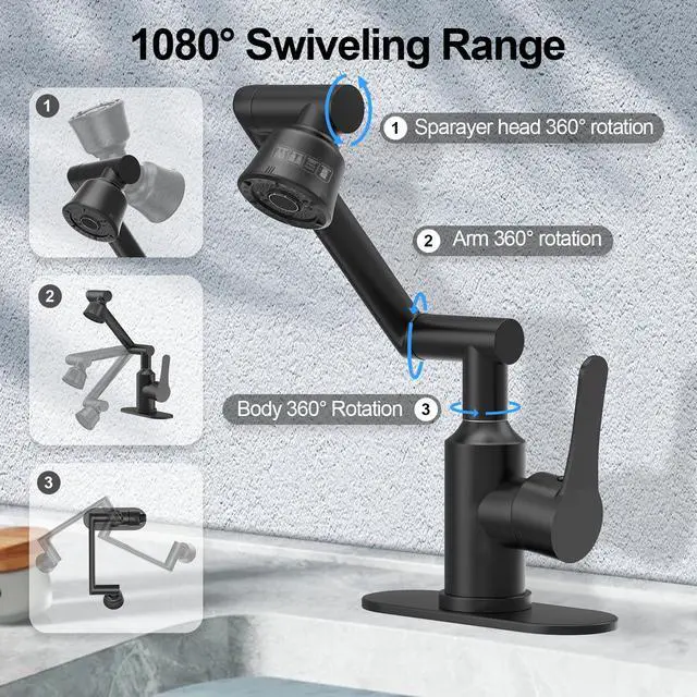 Alt view image 3 of 7 - Stainless Steel Bathroom Sink Faucet, 1080° Rotatable, Matte Black | Fit 1 Hole Sink, 4 Water Outlet Modes, Three-stage Rotating Design, Flexible Adjustment, Anti-Rust, No Leakage, Single Handle