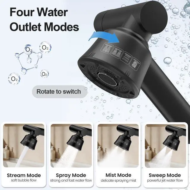 Alt view image 5 of 7 - Stainless Steel Bathroom Sink Faucet, 1080° Rotatable, Matte Black | Fit 1 Hole Sink, 4 Water Outlet Modes, Three-stage Rotating Design, Flexible Adjustment, Anti-Rust, No Leakage, Single Handle
