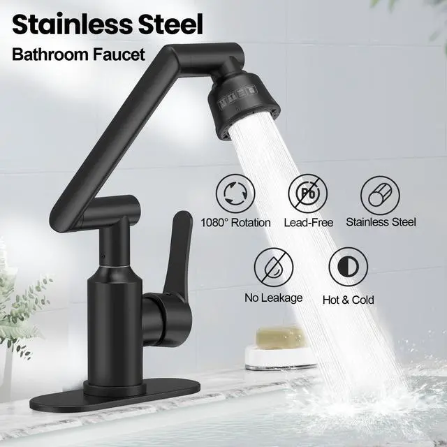 Alt view image 4 of 7 - Stainless Steel Bathroom Sink Faucet, 1080° Rotatable, Matte Black | Fit 1 Hole Sink, 4 Water Outlet Modes, Three-stage Rotating Design, Flexible Adjustment, Anti-Rust, No Leakage, Single Handle