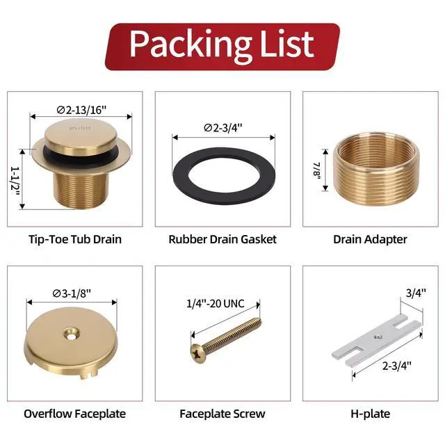 Alt view image 7 of 7 - Tip-Toe Tub Drain Trim Kit with One Hole Overflow Faceplate Conversion Kit Assembly Universal Fine Coarse Thread Replacement Brushed Gold