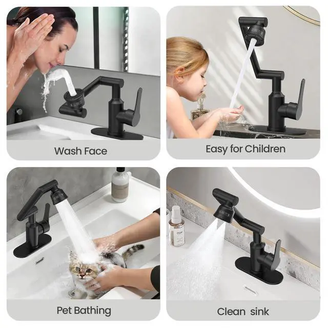 Alt view image 2 of 7 - Stainless Steel Bathroom Sink Faucet, 1080° Rotatable, Matte Black | Fit 1 Hole Sink, 4 Water Outlet Modes, Three-stage Rotating Design, Flexible Adjustment, Anti-Rust, No Leakage, Single Handle
