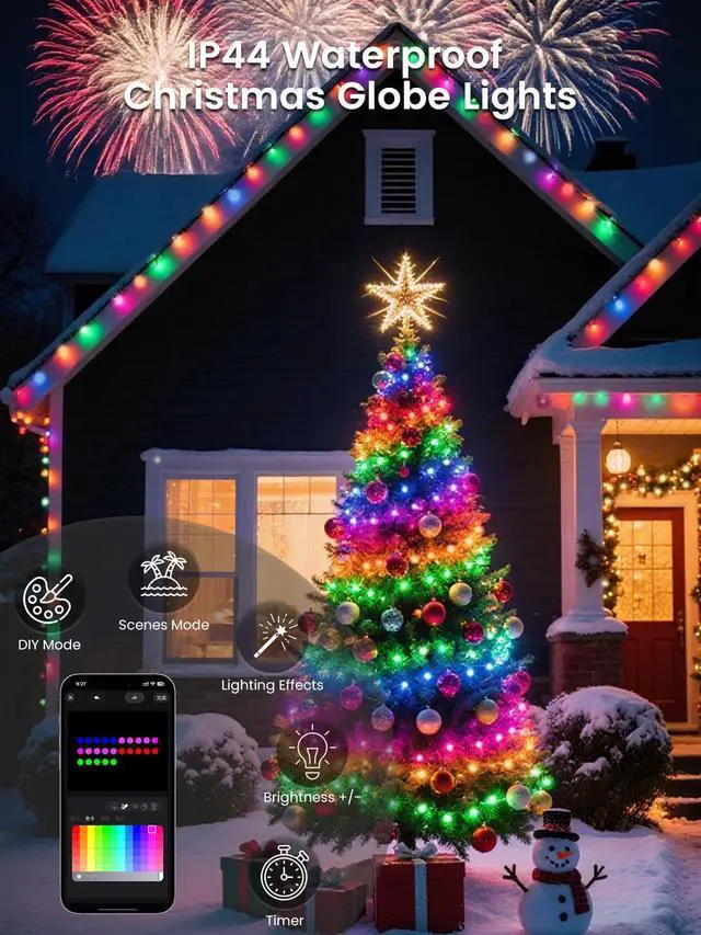 Alt view image 6 of 7 - 46ft 100LED Smart Color Changing Globe String Lights Indoor APP Control | Fairy Lights Plug in with Remote, Music Syn, Clear Wire Twinkle Light for Bedroom, Multicolor & Modes, Waterproof, Room Decor