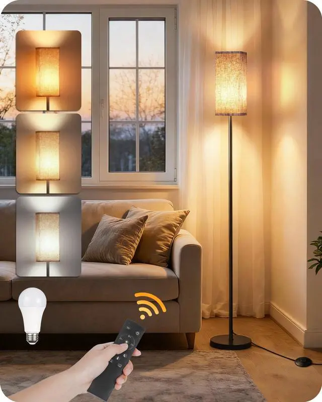 Main image of 64.2 Dimmable Floor Lamp for Living Room with Remote and Foot Switch, Corner Floor Lamp for Bedroom, Includes 10W A19 Bulb, Modern Standing Tall Lamp, ETL Listed Beige and Black E17LD05