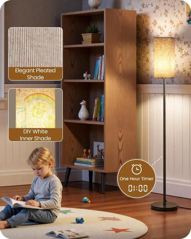 Alt view image 4 of 7 - 64.2 Dimmable Floor Lamp for Living Room with Remote and Foot Switch, Corner Floor Lamp for Bedroom, Includes 10W A19 Bulb, Modern Standing Tall Lamp, ETL Listed Beige and Black E17LD05