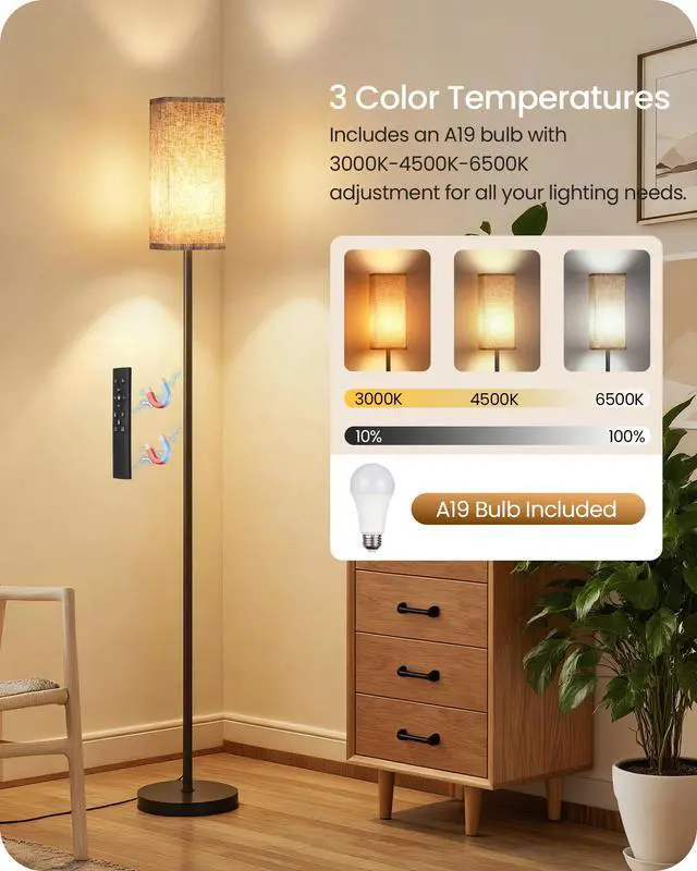 Alt view image 3 of 7 - 64.2 Dimmable Floor Lamp for Living Room with Remote and Foot Switch, Corner Floor Lamp for Bedroom, Includes 10W A19 Bulb, Modern Standing Tall Lamp, ETL Listed Beige and Black E17LD05