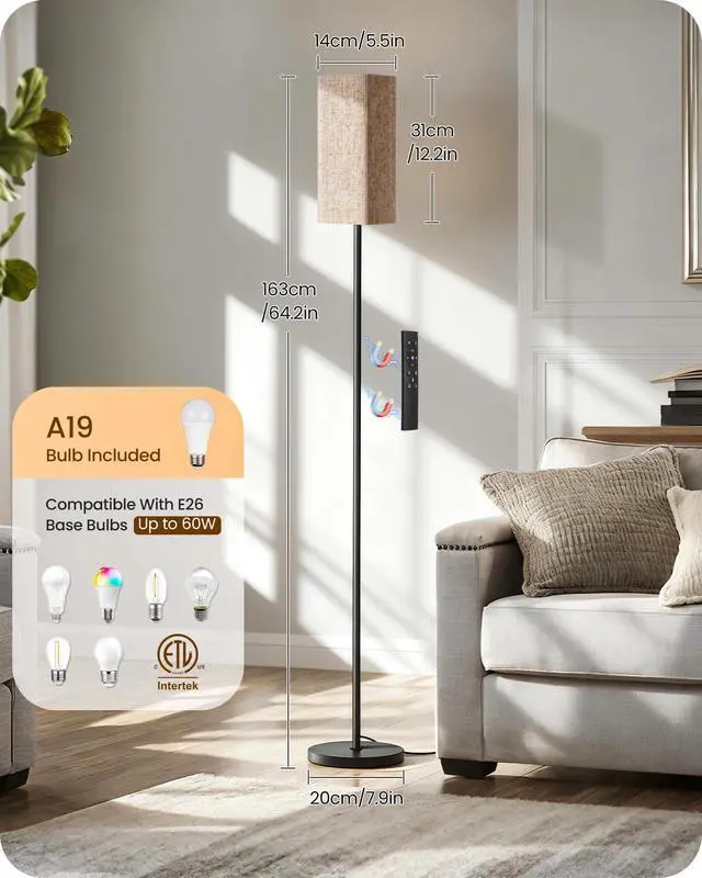 Alt view image 5 of 7 - 64.2 Dimmable Floor Lamp for Living Room with Remote and Foot Switch, Corner Floor Lamp for Bedroom, Includes 10W A19 Bulb, Modern Standing Tall Lamp, ETL Listed Beige and Black E17LD05