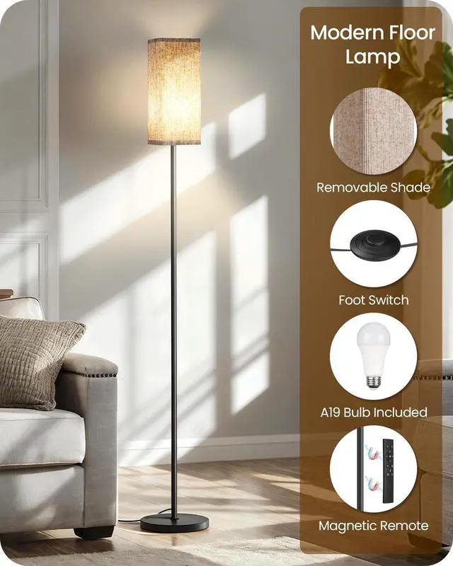 Alt view image 7 of 7 - 64.2 Dimmable Floor Lamp for Living Room with Remote and Foot Switch, Corner Floor Lamp for Bedroom, Includes 10W A19 Bulb, Modern Standing Tall Lamp, ETL Listed Beige and Black E17LD05