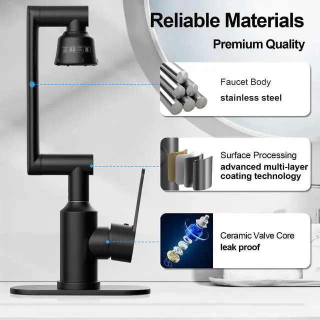 Alt view image 7 of 7 - Stainless Steel Bathroom Sink Faucet, 1080° Rotatable, Matte Black | Fit 1 Hole Sink, 4 Water Outlet Modes, Three-stage Rotating Design, Flexible Adjustment, Anti-Rust, No Leakage, Single Handle