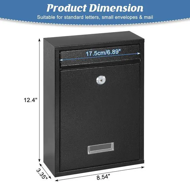 Alt view image 3 of 7 - Mailbox for Outside, Wall Mount Locking Mailbox, Security Drop Box with Key Lock for Letters, Cash, Cards, Steel Mail Box for House Office School, 12.4H x 8.54L x 3.35W Inches, Black