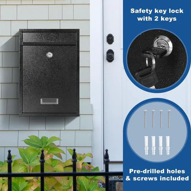 Alt view image 5 of 7 - Mailbox for Outside, Wall Mount Locking Mailbox, Security Drop Box with Key Lock for Letters, Cash, Cards, Steel Mail Box for House Office School, 12.4H x 8.54L x 3.35W Inches, Black