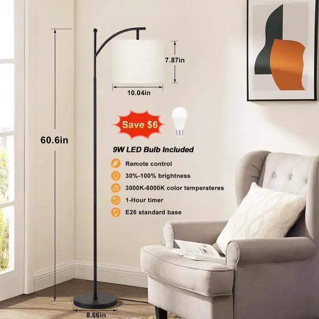 Alt view image 2 of 7 - 60" Floor Lamp with Remote and Stepless Dimmable Bulb, Black Pole | Colors Temperature and Brightness Adjustable, Foot Switch, Remote Control, Beige Shade, Modern Floor Lamp for Living Room