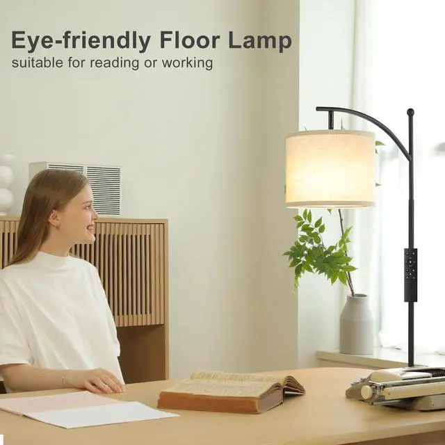 Alt view image 3 of 7 - 60" Floor Lamp with Remote and Stepless Dimmable Bulb, Black Pole | Colors Temperature and Brightness Adjustable, Foot Switch, Remote Control, Beige Shade, Modern Floor Lamp for Living Room