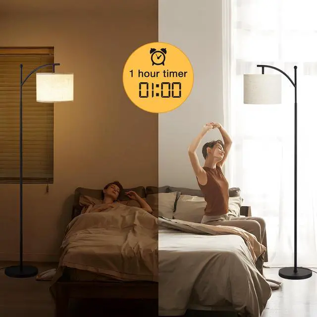 Alt view image 5 of 7 - 60" Floor Lamp with Remote and Stepless Dimmable Bulb, Black Pole | Colors Temperature and Brightness Adjustable, Foot Switch, Remote Control, Beige Shade, Modern Floor Lamp for Living Room
