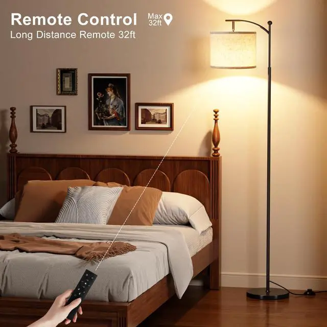 Alt view image 6 of 7 - 60" Floor Lamp with Remote and Stepless Dimmable Bulb, Black Pole | Colors Temperature and Brightness Adjustable, Foot Switch, Remote Control, Beige Shade, Modern Floor Lamp for Living Room