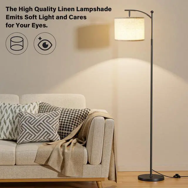 Alt view image 7 of 7 - 60" Floor Lamp with Remote and Stepless Dimmable Bulb, Black Pole | Colors Temperature and Brightness Adjustable, Foot Switch, Remote Control, Beige Shade, Modern Floor Lamp for Living Room