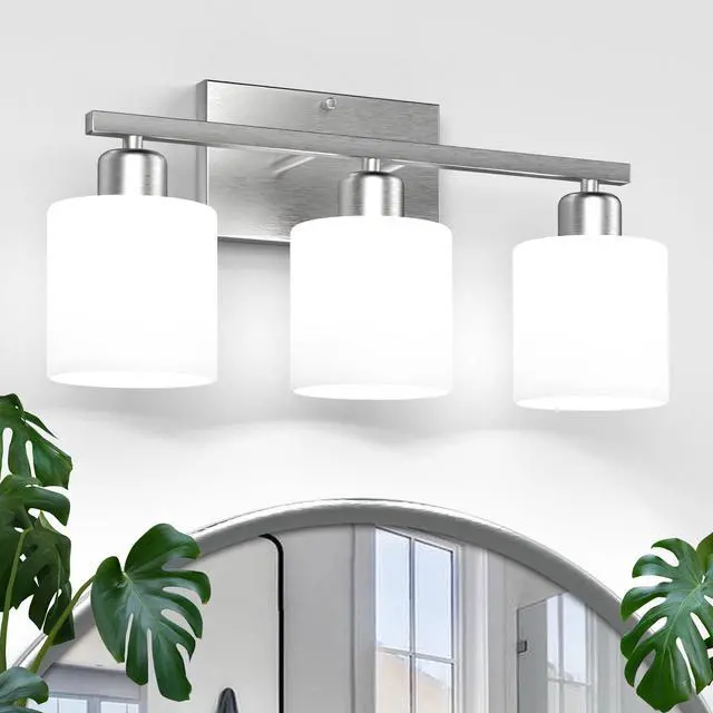 Main image of 18 Inches Bathroom Light Fixtures Over Mirror Brushed Nickel | Anti-Rust 3-Light Vanity Lights Over Mirror, E26 Standard Socket, Milky White Glass Shades, Bulbs Not Included
