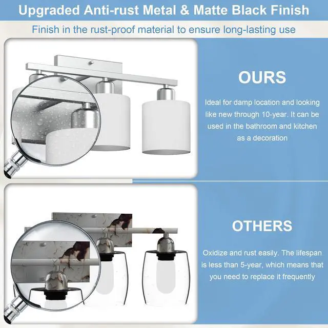 Alt view image 2 of 7 - 18 Inches Bathroom Light Fixtures Over Mirror Brushed Nickel | Anti-Rust 3-Light Vanity Lights Over Mirror, E26 Standard Socket, Milky White Glass Shades, Bulbs Not Included