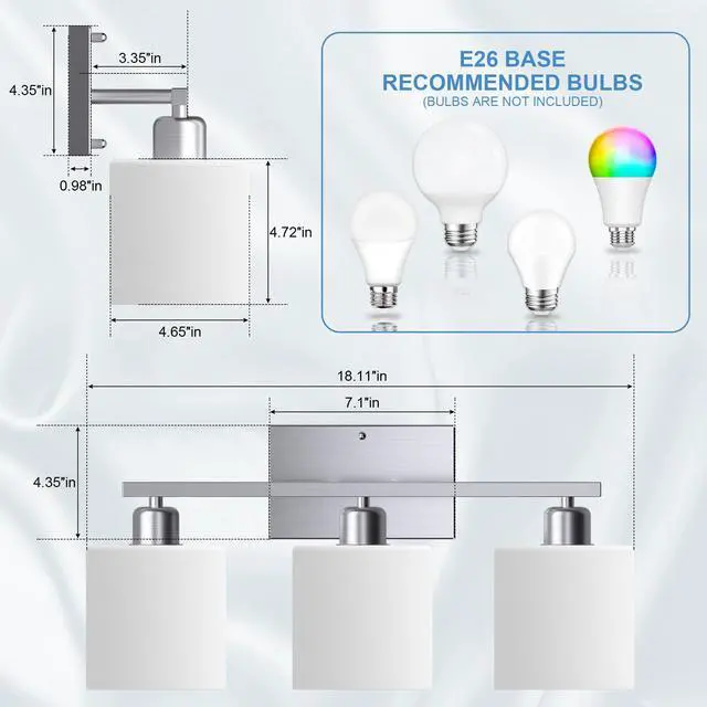 Alt view image 3 of 7 - 18 Inches Bathroom Light Fixtures Over Mirror Brushed Nickel | Anti-Rust 3-Light Vanity Lights Over Mirror, E26 Standard Socket, Milky White Glass Shades, Bulbs Not Included