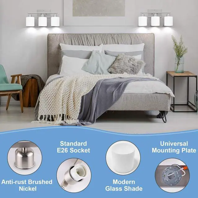 Alt view image 5 of 7 - 18 Inches Bathroom Light Fixtures Over Mirror Brushed Nickel | Anti-Rust 3-Light Vanity Lights Over Mirror, E26 Standard Socket, Milky White Glass Shades, Bulbs Not Included