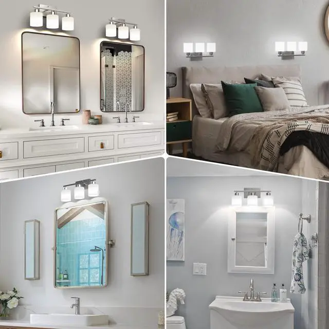 Alt view image 6 of 7 - 18 Inches Bathroom Light Fixtures Over Mirror Brushed Nickel | Anti-Rust 3-Light Vanity Lights Over Mirror, E26 Standard Socket, Milky White Glass Shades, Bulbs Not Included