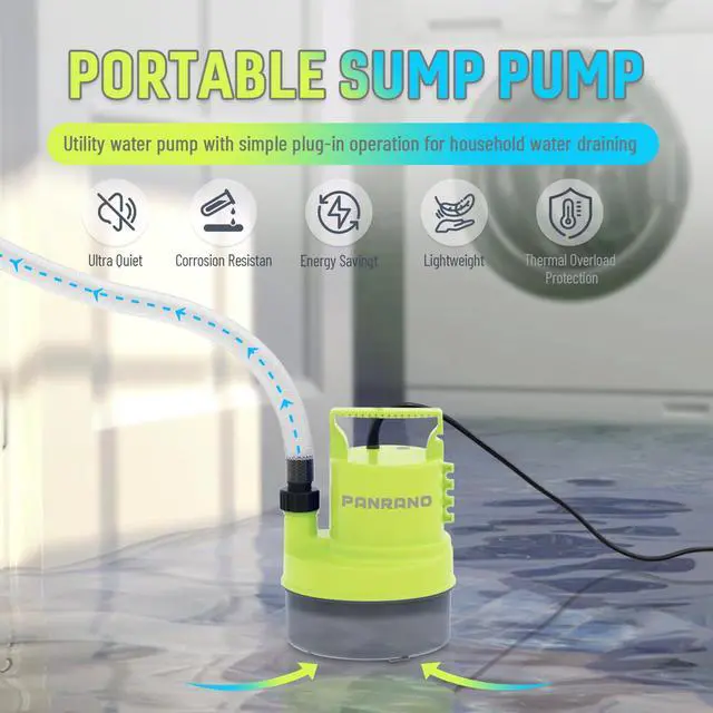 Alt view image 2 of 6 - 1/3 HP Submersible Water Pump 2000 GPH Portable Small Sump Pump For Pool Cover, Basements, Puddles, Gardens Ponds With 16.4 Ft Power Cord and Hose Adapters, Yellow