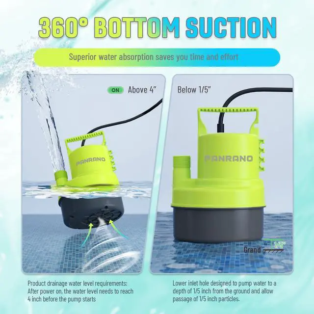 Alt view image 3 of 6 - 1/3 HP Submersible Water Pump 2000 GPH Portable Small Sump Pump For Pool Cover, Basements, Puddles, Gardens Ponds With 16.4 Ft Power Cord and Hose Adapters, Yellow