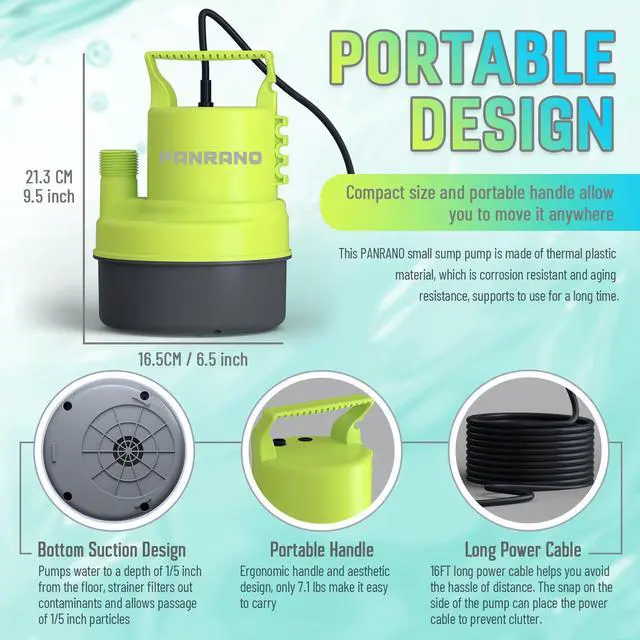 Alt view image 4 of 6 - 1/3 HP Submersible Water Pump 2000 GPH Portable Small Sump Pump For Pool Cover, Basements, Puddles, Gardens Ponds With 16.4 Ft Power Cord and Hose Adapters, Yellow