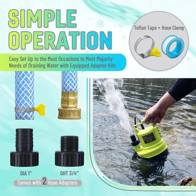 Alt view image 5 of 6 - 1/3 HP Submersible Water Pump 2000 GPH Portable Small Sump Pump For Pool Cover, Basements, Puddles, Gardens Ponds With 16.4 Ft Power Cord and Hose Adapters, Yellow